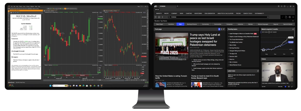 XENITH terminal showing news and market data alongside MetaStock charts